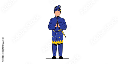 Illustration of a Malay man in traditional attire, greeting with hands together, against a white background, showcasing Malaysian culture and customs with intricate details and vibrant colors