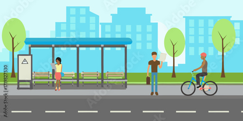 Diverse people waiting at a modern bus stop in a city with buildings and trees
