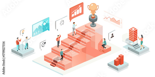 Business people climbing stairs towards trophy symbolizing success and achievement in a modern isometric illustration