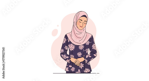 Illustration of a woman in a hijab with her hands clasped together in front of her, a symbol of respect, gratitude, or prayer, set against a soft, minimalist background