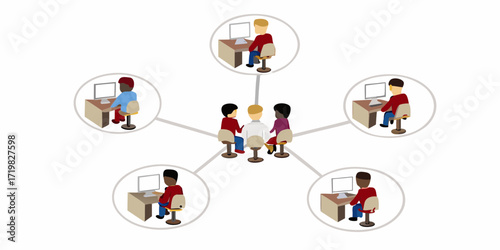 Diverse group of people collaborating and communicating through technology and computers in a connected network