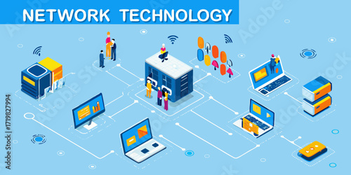 Modern network technology concept with isometric devices and connected data flow
