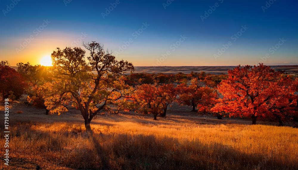 Fototapeta premium Fall Foliage In An Oklahoma Sunset