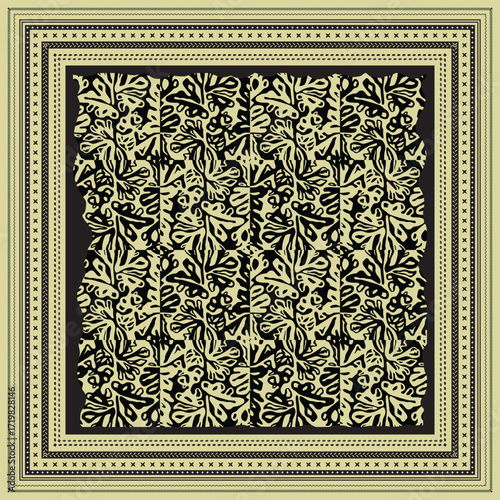 A square bandana print pattern of stylized leaves in beige and black, framed by an intricate border of geometric designs.