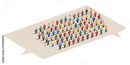 Large group of diverse people in colorful clothing inside a speech bubble representing communication and community