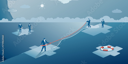 Businessmen on ice floes connecting a path with a rope symbolizing teamwork and overcoming challenges