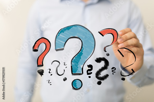 Hand drawn question marks, uncertainty, problem solving, decision making, brainstorming, strategy, questions, answers, solution, confusion