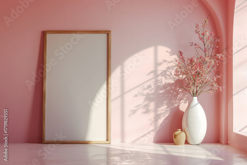 Modern interior with delicate pink walls and beautiful elegant decor elements