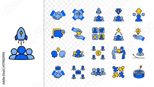 Business teamwork and management flat icon set. Partnership, collaboration, leadership, communication, strategy, support, unity, organization, and growth. Vector illustration.