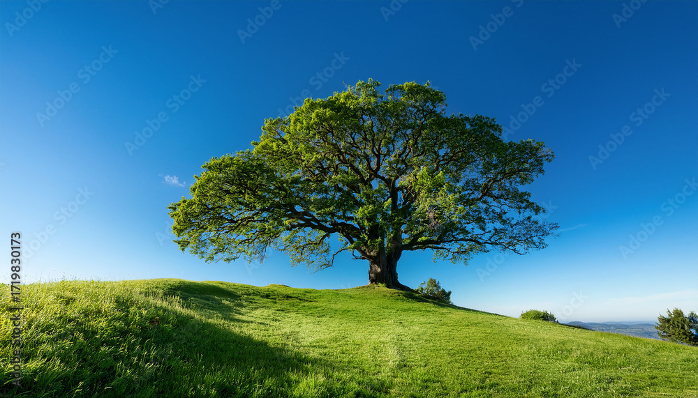 Obraz premium A Sprawling Ancient Tree Stands On A Grassy Hilltop Surrounded By Lush Vegetation Beneath A Tranquil Cloudless Blue Sky