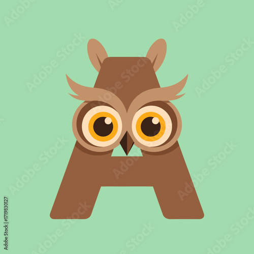 Brown owl face on uppercase letter A.