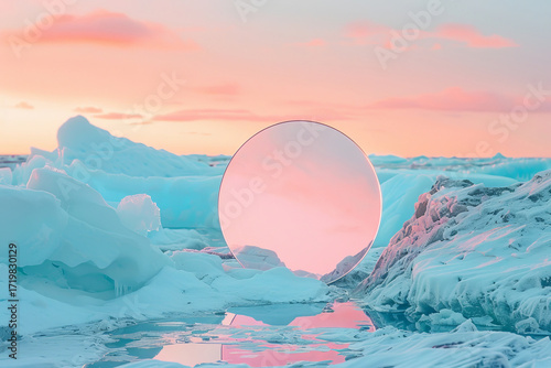 Surreal landscape, mirror reflection of icy landscape at sunset