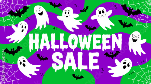 Halloween sale poster with ghost. Halloween Promotion Poster. Halloween spooky night sale banner design. Happy Halloween party greeting card. Halloween discount. Halloween background concept