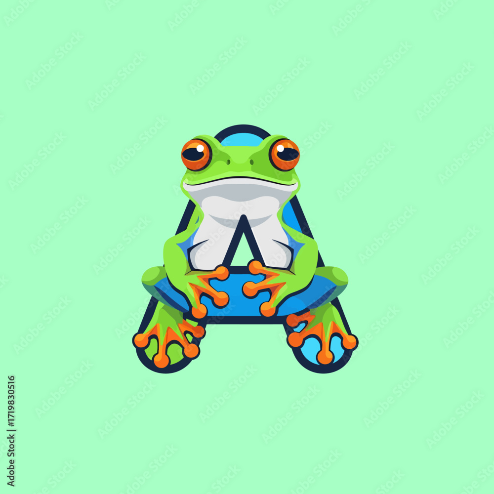 Obraz premium A green tree frog sitting on a capital letter A.