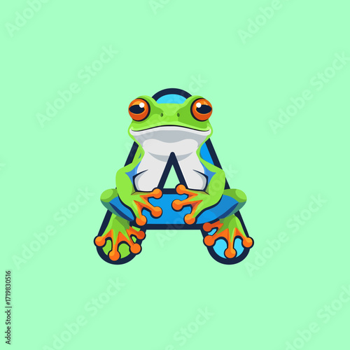 A green tree frog sitting on a capital letter A.