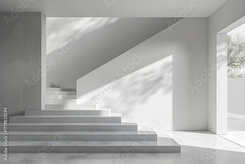 Minimalist interior with beautifully designed staircases and plenty of natural light.