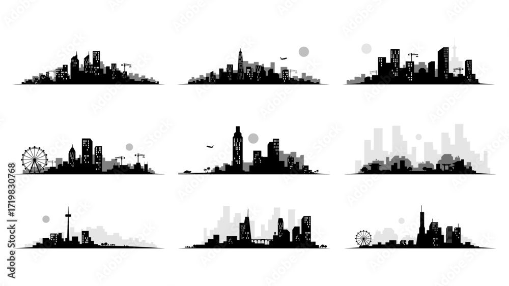 Fototapeta premium City skyline silhouette collection. Black silhouette set on white background.