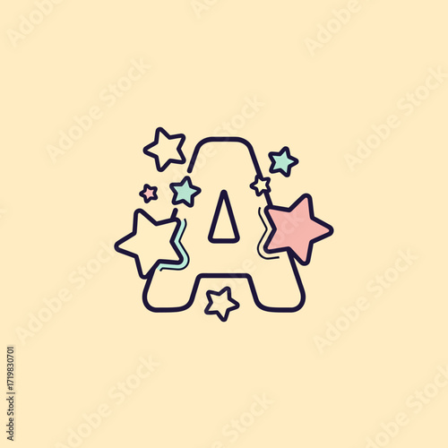 A stylized letter A surrounded by colorful stars on a pale yellow background.