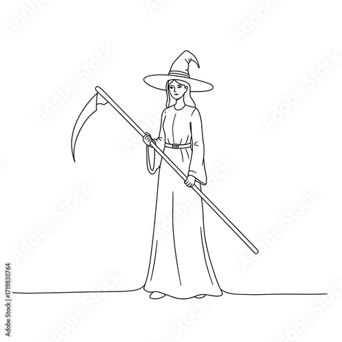 Witch holding a scythe while standing in a simple outline style  