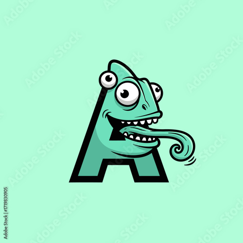 Cartoon chameleon head forming letter A.