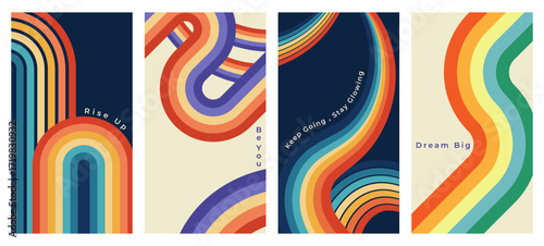 Colorful retro striped design in 1970s style. Abstract geometric rainbow vector backgrounds with curvy lines. Vintage minimalistic covers for fashion, artwork, packaging and wall prints.