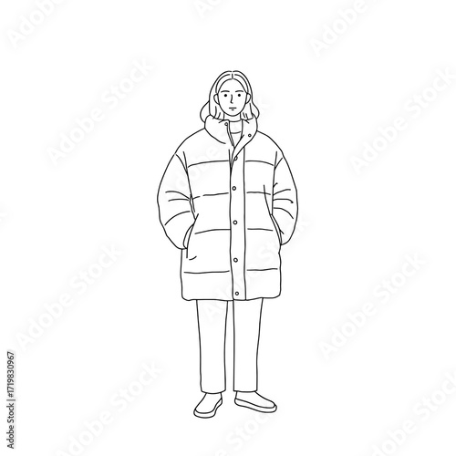 Young woman standing in puffer jacket with casual appearance  