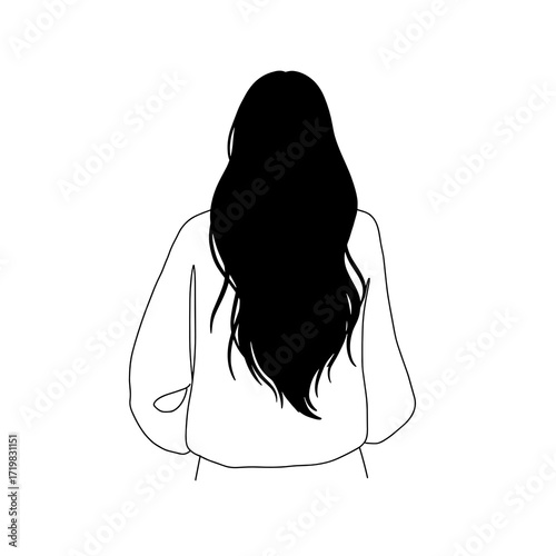 Woman with long hair standing in minimalist style from behind  
