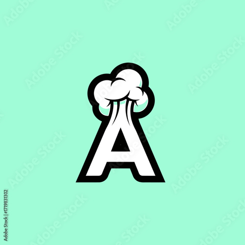 A stylized letter A with a white cloud or puff of smoke emerging from its top, set against a light mint green background.