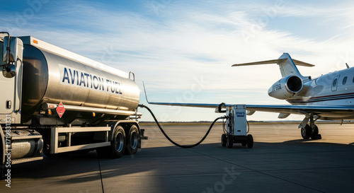A silver fuel tanker truck with the word 'AVIATION FUEL' on its side is connected to a private jet on an airport tarmac.
