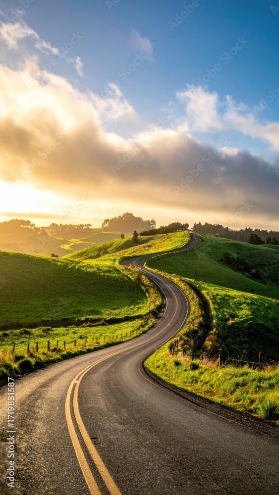 Naklejka premium Winding Country Road at Sunrise