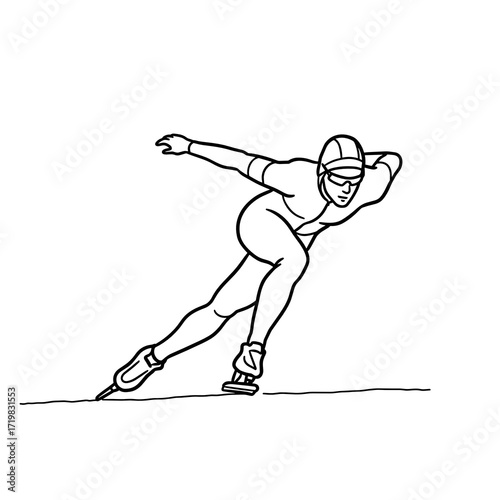 Male speed skater in motion on ice in linear illustration style  