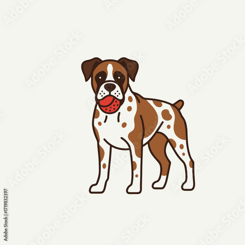 Cartoon boxer dog with spots standing and holding a ball in mouth  