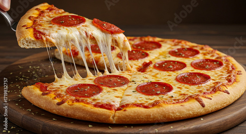 A slice of pizza being lifted from a cheesy whole pizza