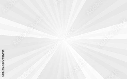 Gray background with white sun ray. Pattern of starburst. Abstract texture with light of sunburst. Radial beam of sunlight. Retro background with flash. Vector.