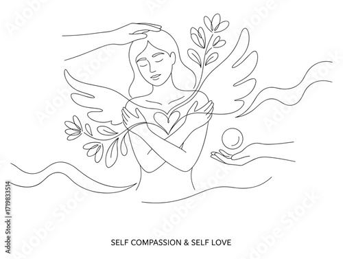 Self love and self compassion concept line art style