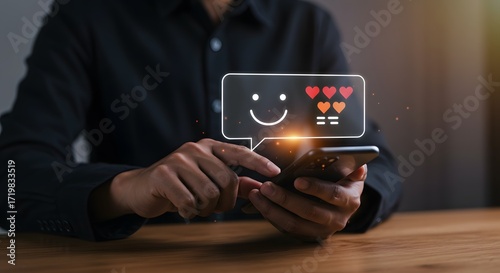 Customer feedback on smartphone: happy face and hearts rating
