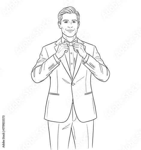 Man in tuxedo adjusting bow tie