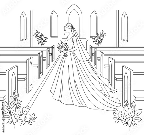 Bride walking down aisle against church interior background in line art