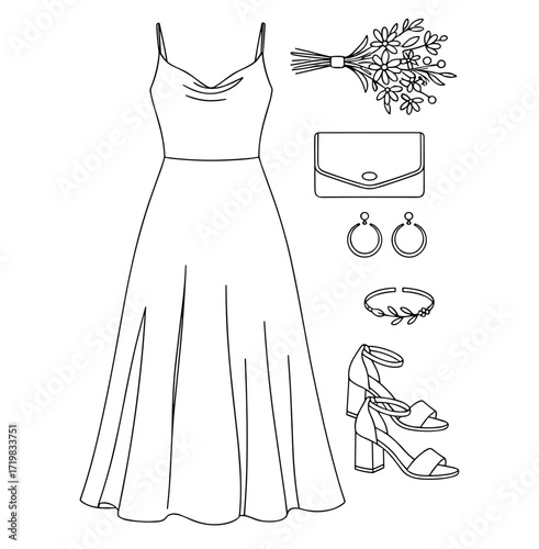 Women’s Wedding Outfit Illustration in Minimalist Line Art in Black and White