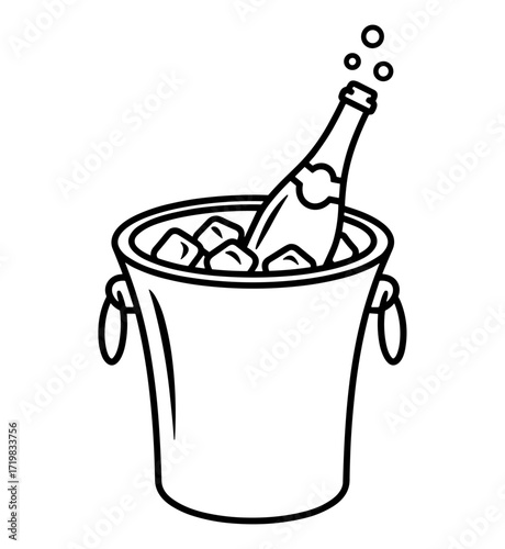 Champagne Bottle in Ice Bucket in Minimalist Line Art in Black and White