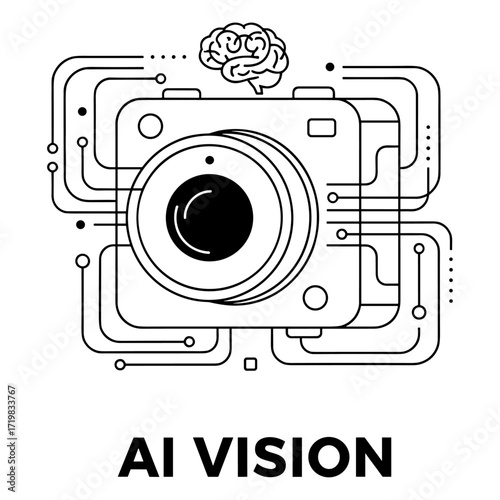 AI vision camera in tech line art in black and white
