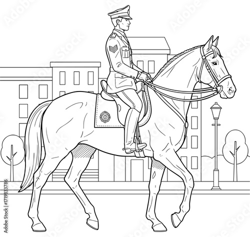 Policeman on horseback against city background