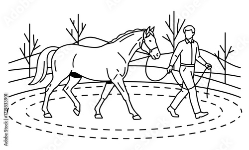 Man leading horse in field against rural background
