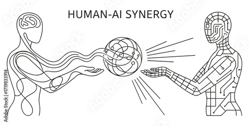 Human and robot collaboration line drawing in black and white