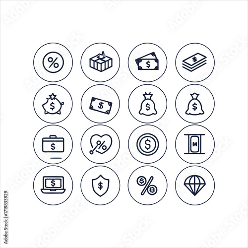 Collection of Finance and Investment Icons Featuring Money, Percentage, and Diamond Symbols in a Clean Vector Design