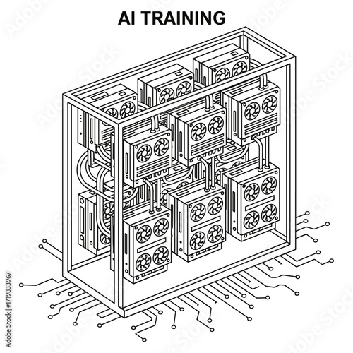 AI training hardware isometric line art in black and white