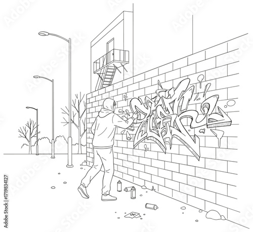 Graffiti artist against urban street background