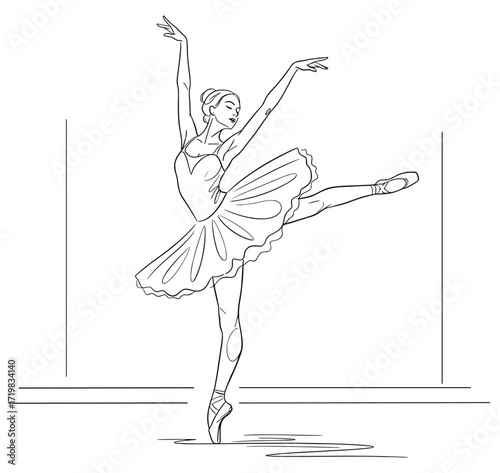 Ballerina en pointe in line art style in black and white
