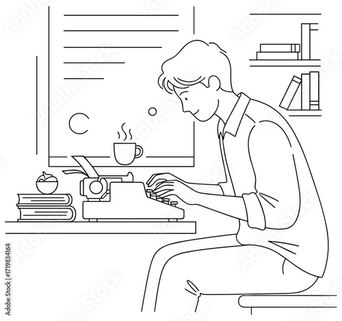Man typing at typewriter against study background