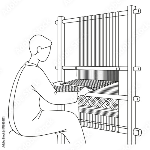 Weaver at loom in minimalist line art in black and white